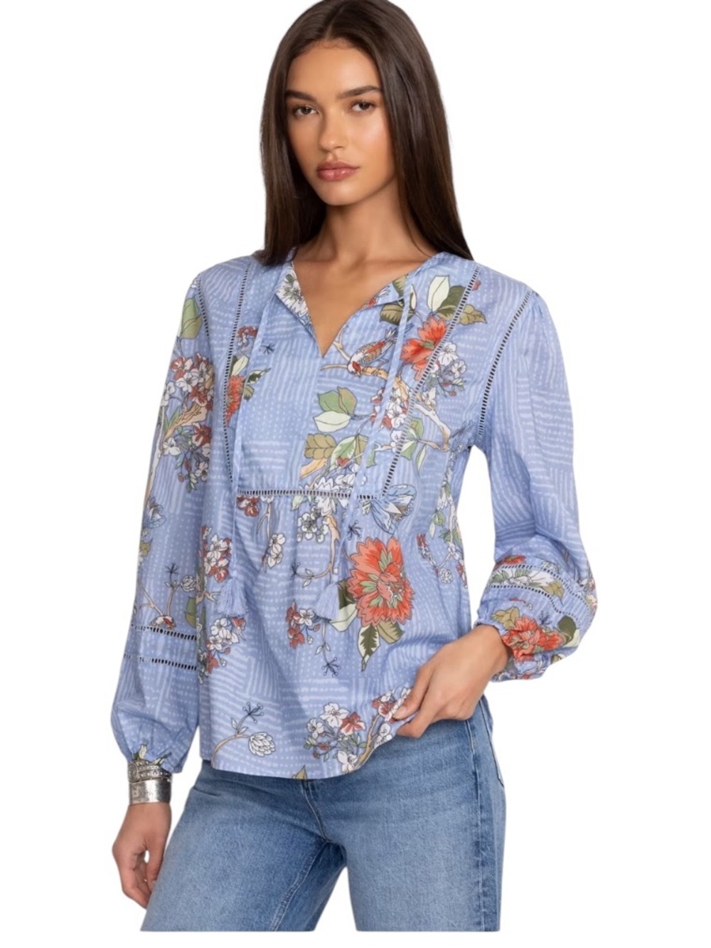 Johnny Was Prairie Blouse Mosaic Curved Hem Popover Top Blue Floral Small NWT